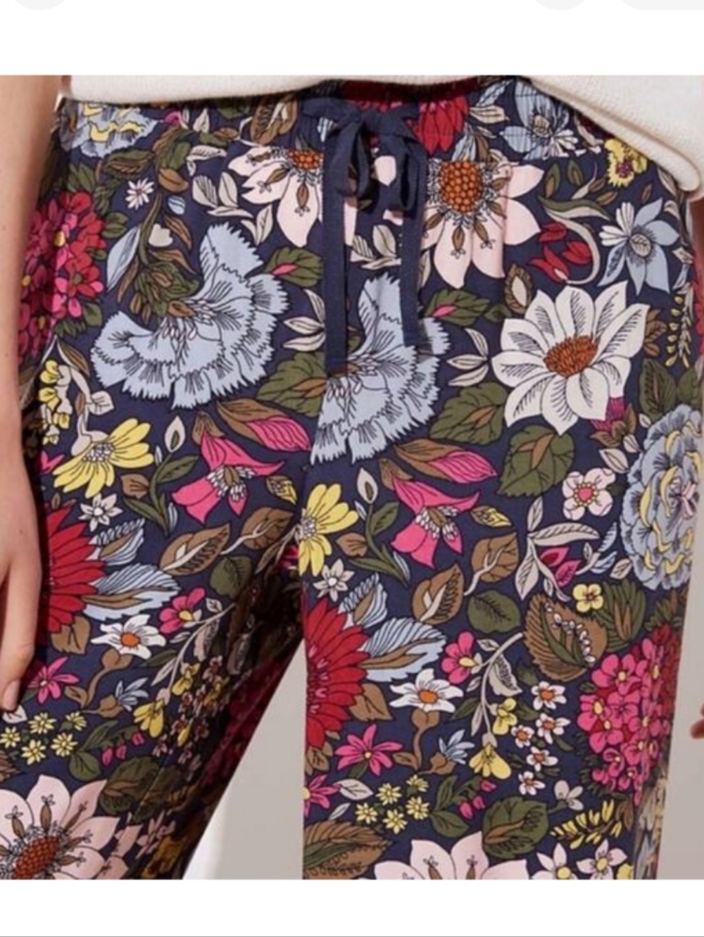 Wide Leg Elastic Drawstring Floral Garden Multicolor Palazzo Pants with Pockets - Picture 4 of 12
